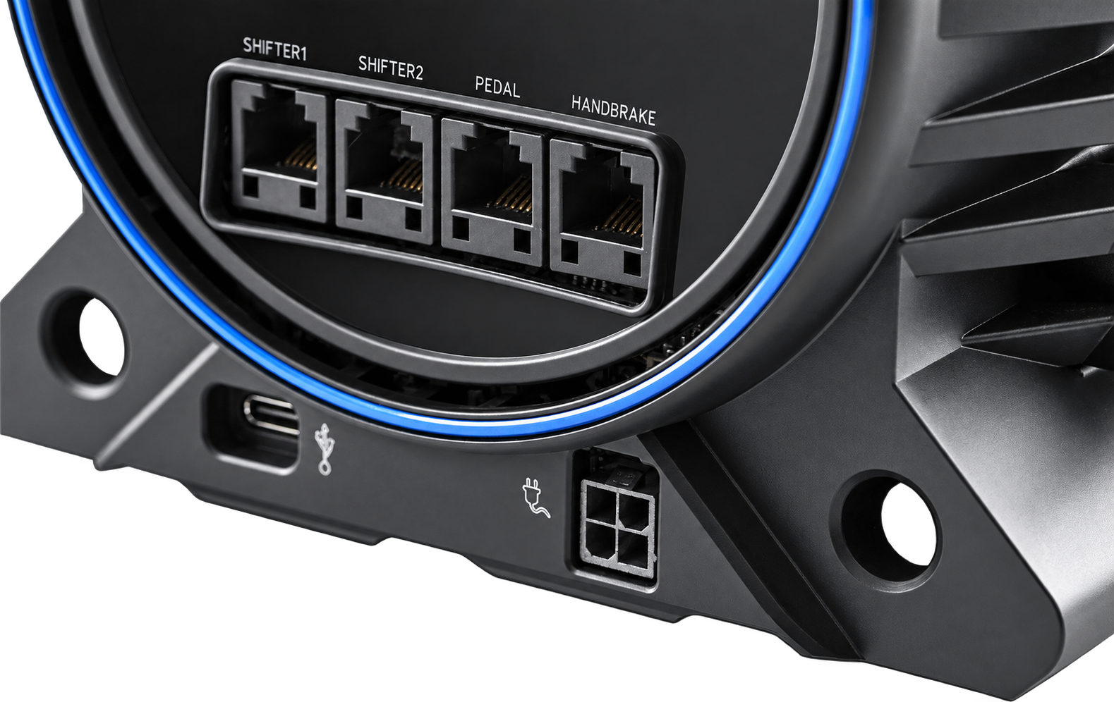Close-up of Shifter, Pedals, Handbrake, USB-C and Power ports on the rear panel